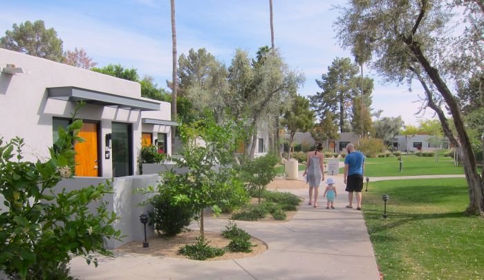 A group of people walking down a street next to a tree

Description automatically generated